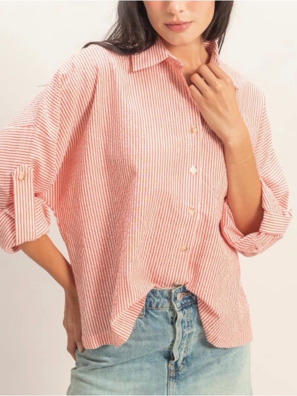 New Women's Red Striped Button-Up Shirt - Classic Relaxed Fit